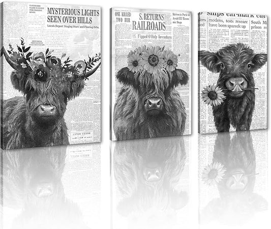 Newspaper Cow Canvas Wall Art Black and White Retro Highland Cow Picture for Bathroom Wall Decor Funny Floral Animal Print Artwork for Country House Living Room Bedroom Decoration 20x28inchx3pcs