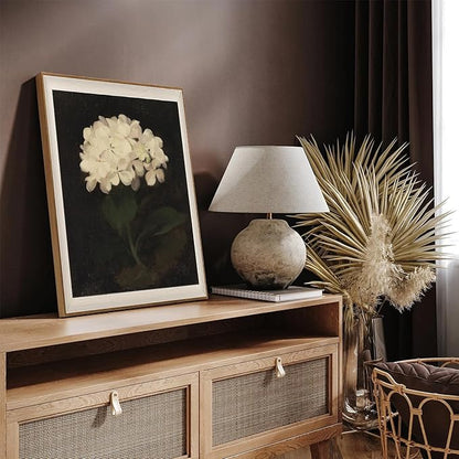 Framed Flower Wall Art, Vintage White Hydrangea Still Life Floral Art Prints, Moody Vintage Canvas Oil Painting, Antique Botanical Floral Wall Decor Pictures for Bedroom, Kitchen, Shelf, Bathroom Wall Decor - 12x16Inch