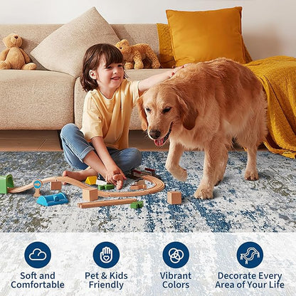 ROYHOME Modern Abstract 2x8 Runner Rug Non Slip Non Shedding Rug Low Pile Stain Resistant for Bedroom Hallway Kitchen,Navy