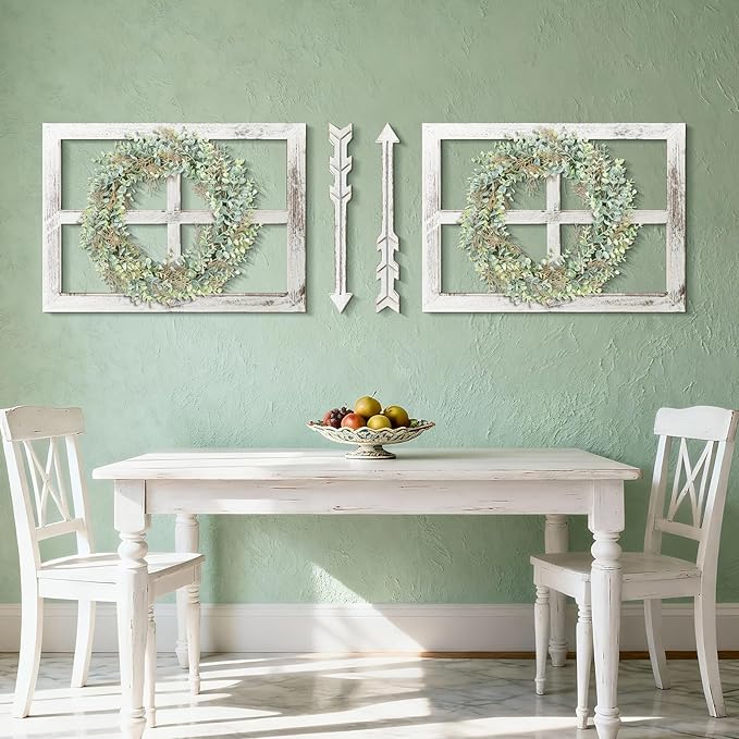 WAKOSAN Rustic Wood Window Frame with Green Wreath and Arrows Wall Decor, Farmhouse Wooden Fake Window Decoration for Bedroom Living Room,Set of 2 (Large White)