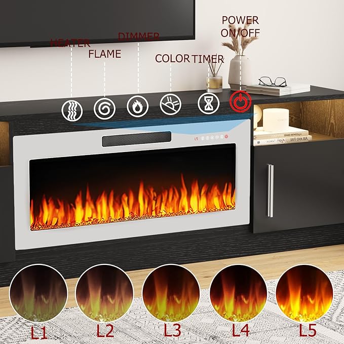 TAVATA 70" Fireplace TV Stand, Modern LED Light Entertainment Center with Storage and 36" Fireplace, Media TV Console for TVs Up to 80", Fire Place TV Stands for Living Room, Black+White