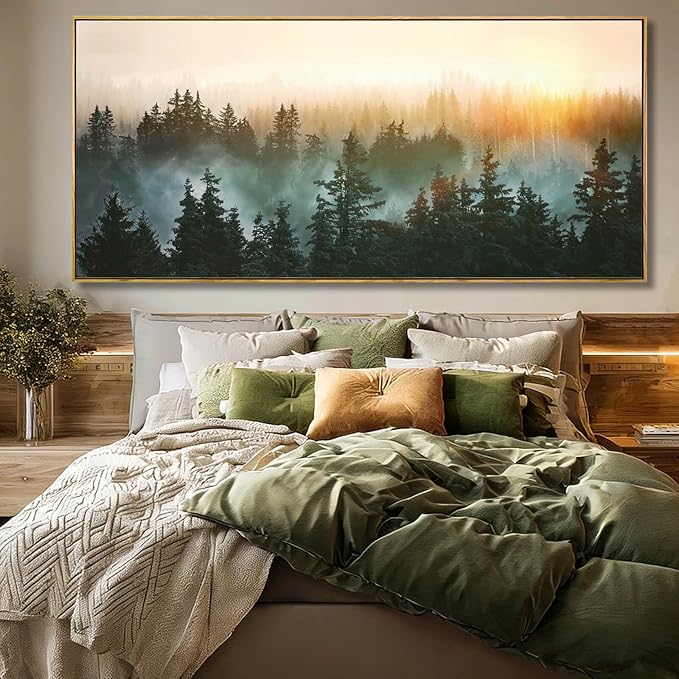 SDYA Misty forest Sunrise Wall Art, Black Tree Landscape Canvas Artwork, Large Nature Scenery Decor for Living Room Dining Room Office 40"x86"