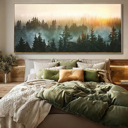 SDYA Misty forest Sunrise Wall Art, Black Tree Landscape Canvas Artwork, Large Nature Scenery Decor for Living Room Dining Room Office 40"x86"