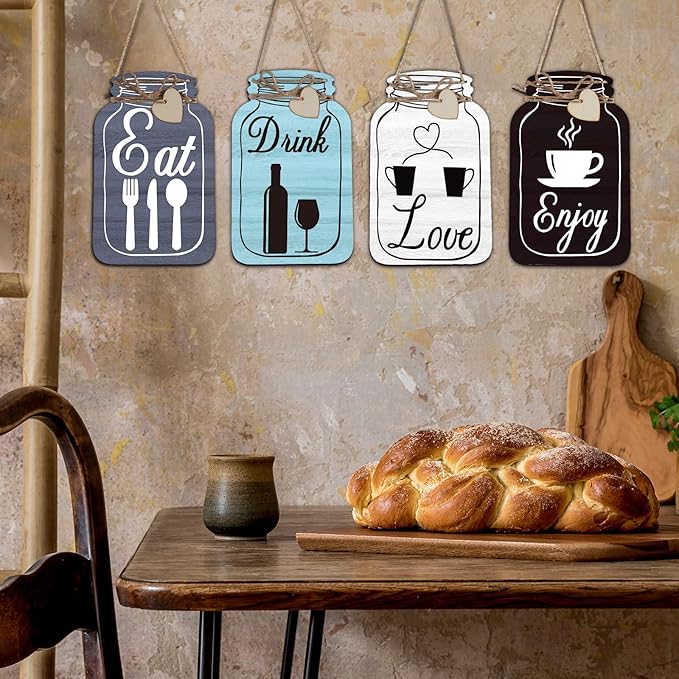 Yalikop 4 Pcs Wooden Kitchen Wall Decor Mason Jar Shaped Eat Drink Enjoy Love Hanging Sign Rustic Home Decor for Farmhouse Dining Room, 8 x 5 Inch(Retro Style,Gray, White, Blue, Dark Brown)