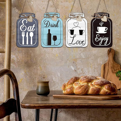 Yalikop 4 Pcs Wooden Kitchen Wall Decor Mason Jar Shaped Eat Drink Enjoy Love Hanging Sign Rustic Home Decor for Farmhouse Dining Room, 8 x 5 Inch(Retro Style,Gray, White, Blue, Dark Brown)