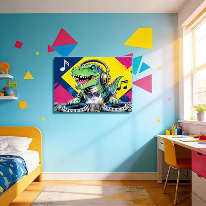 16x24 Pop DJ Dinosaur Canvas Wall Art Prints, Graffiti T-Rex Music Decor with Headphone & Turntable, Colorful Wall Painting for Teen Boy/Kids Bedroom, Child Home Painting Vibrant Hanging Game Poster