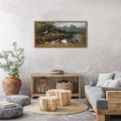 Vintage Mallard Duck Wall Art Farmhouse Countryside Pond Framed Wall Decor for Living Room Bedroom Rustic Animal Canvas Picture Cottagecore Wildlife Poster Nature Landscape Artwork Decorations 20x40