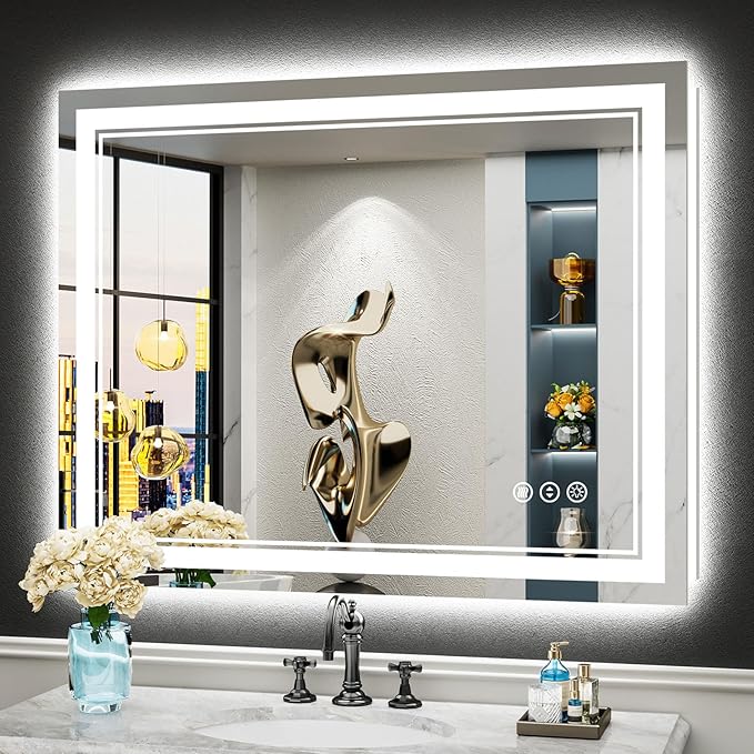 40x32 LED Bathroom Mirror with Lights, Backlit and Front Lit Anti-Fog Lighted Vanity Mirrors for Bathroom Wall, Dimmable, 3-Color Light, Memory, Shatter-Proof, HD Tempered Glass, CRI＞90
