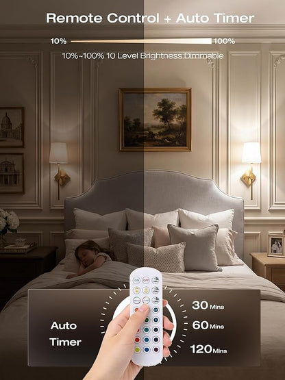 CLOUDY BAY 10000mAh Battery Operated Wall Sconces,Up to 100 Hours with Rechargeable RGB Dimmable Magnetic Bulb,Cordless Wall Lighting Fixtures with Remote for Bedroom,Soft Gold,2 Pack-18inch