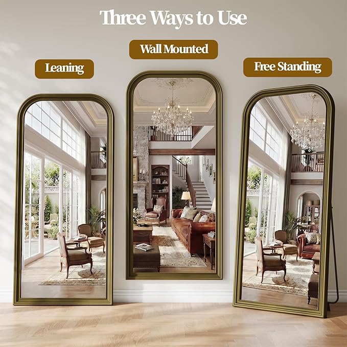 Full Length Mirror with Stand, 71"x32" Full Body Mirror, Floor Length Mirrors Wall Mounted with Rounded Top, Large Standing Mirrors, PU Frame, for Bedroom Living Room Cloakroom, Antique Bronze