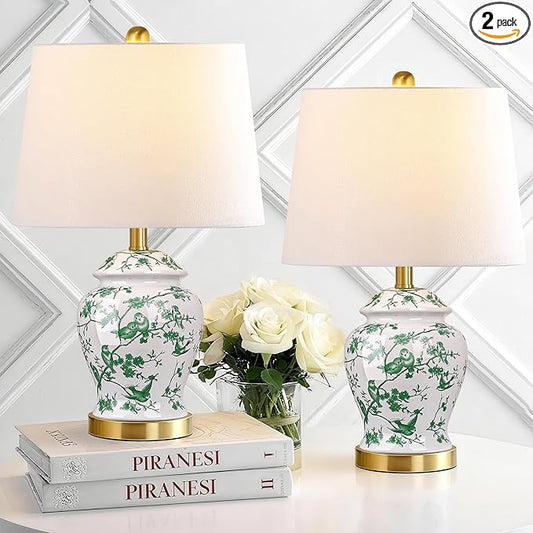 QiMH Chinoiserie Ceramic Table Lamps Set of 2 for Living Room, Vintage Traditional Bedside Lamps for Nightstands, 22" Large Green and White Table Lamp for Bedroom Cottage, Gold(LED Bulbs Included)
