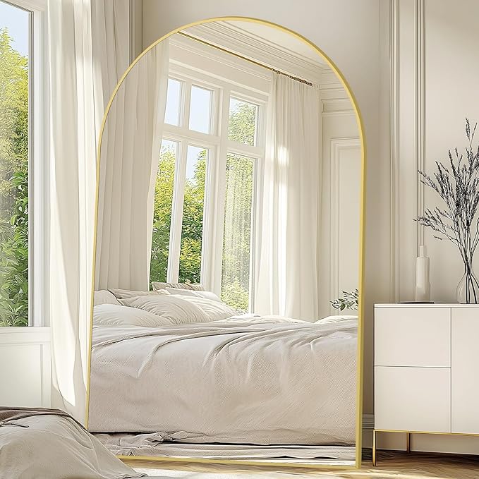 Arched Full Length Mirror with Stand, 72"X44" Oversized Floor Mirror Freestanding, Extra Large Gold Full Length Body Mirror for Bedroom Living Room, Shatterproof Tempered Glass