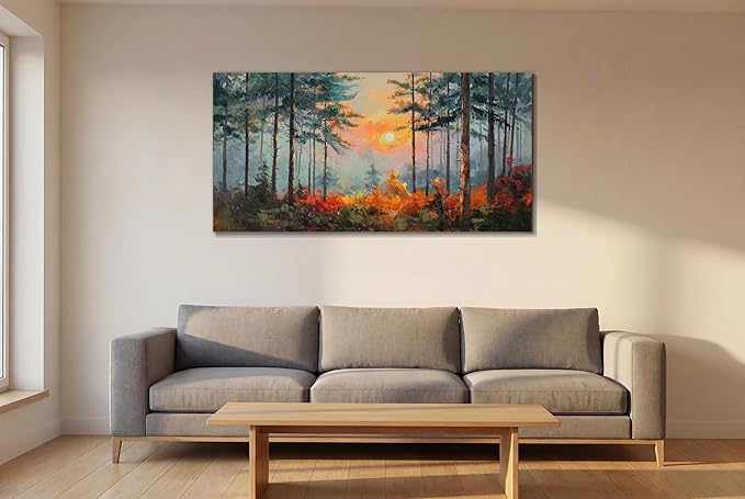 Ardemy Sunset Pines Wall Art Hand-Painted Texture Forest Canvas Painting Sunrise Picture 40"x20" Large Nature Artwork for Living Room Bedroom Office Farmhouse Decor