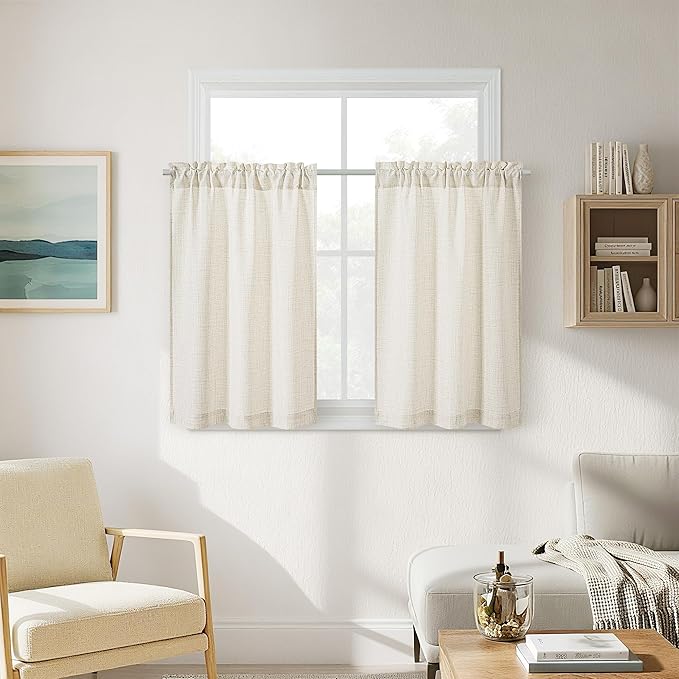 Natural Linen Kitchen Window Curtains Over Sink 36 Inch Length for Farmhouse Cafe Bathroom Small Window Drapes Cream Semi Sheer Light Filtering Privacy Small Curtains W34xL36