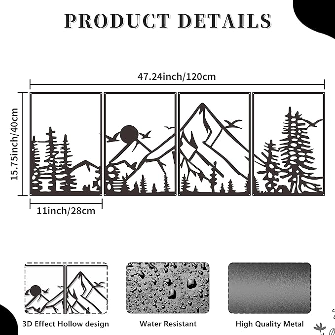 DICYWUDI Black Metal 47.24 x 15.7 inch Mountain Wall Decor – Minimalist Wall Art for or Indoor Kitchen Bathroom Bedroom Living Room Dining Room