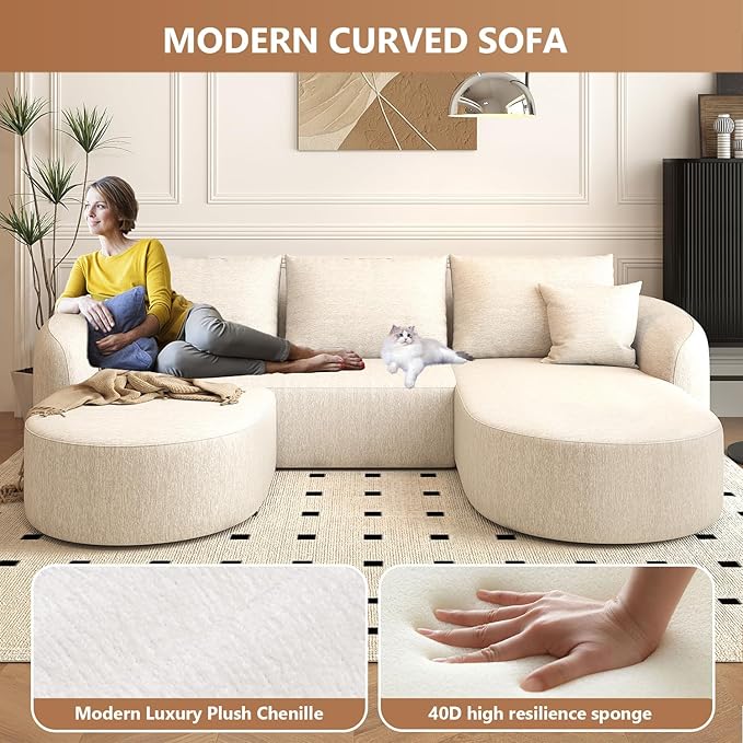Settab 111" Modular Sectional Couches Luxury Modern Curved Back U-Shape Sofa Set with Ottoman,Minimalist Comfy Boneless Cloud Couch for Living Room Apartment,(Right Facing Chaise,White)