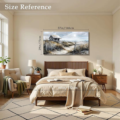 imjiayu Oversized Wall Art, Landscape Wall Art, Rustic Wall Decor, Retro Beach Log Cabin Art Prints, Nostalgic Extra Large Paintings for Living Room Dining Room Farmhouse Home Decoration 29"x57"