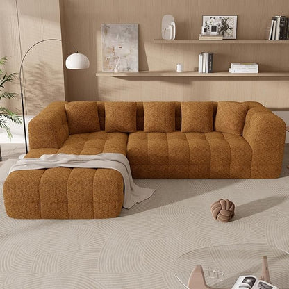 107" Boneless Couch with L - Shaped Chaise, Modern Chenille Modular Sectional Sofa with Tufted Design, Comfy Upholstered Sofa, No - Assembly Sectional Couch, Orange-Brown