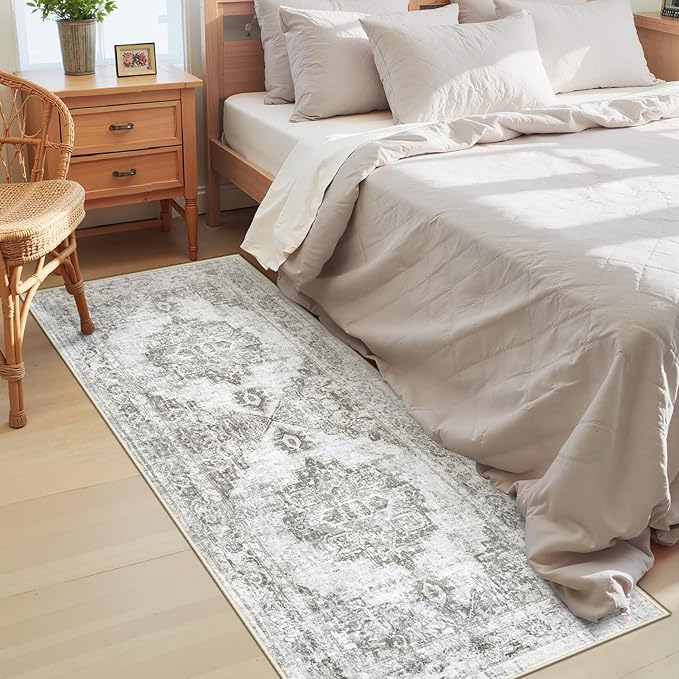 Area Rug 2x6 Runner Rugs: Washable Vintage Hallway Rug Indoor Medallion Rugs Low Pile Distressed Floor Carpet Retro Accent Rug for Kitchen Bedroom Bathroom Dining Room(Grey, 2'x6')
