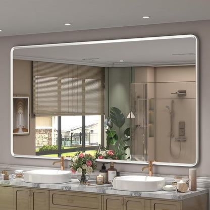 66x36 Inch Silver Framed Mirror, Silver Bathroom Vanity Mirror for Wall, Brushed Nickel, Rounded Rectangle Mirror, Shatterproof, Anti-Rust (Horizontal/Vertical)