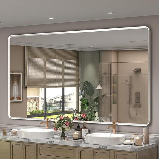 66x36 Inch Silver Framed Mirror, Silver Bathroom Vanity Mirror for Wall, Brushed Nickel, Rounded Rectangle Mirror, Shatterproof, Anti-Rust (Horizontal/Vertical)