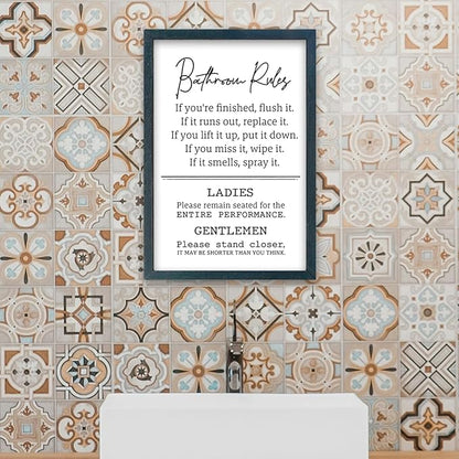 Bathroom Rules Wall Decor 16"×11" Restroom Toile Sign Humor Quotes for Bathroom Humorous Modren Restroom Wood Framed Wall Hanging Art (Black)