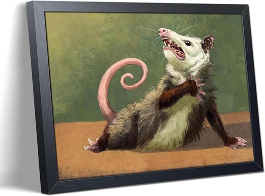 Funny Animals Opossum Wall Art, Whimsical Opossum Canvas Wall Decor Posters, Cute Possum Humor Animal Lovers Prints Painting for Living Room Bedroom Dorm Decor 12x16 Inch Framed