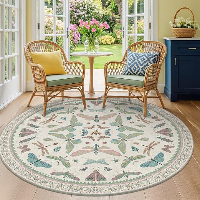 Hazo Haus Green and Blue Insect 6ft Round Soft Rugs for Nursery, Bedroom Beside Bed - Non Skid Rug Low Pile Washable Living Room Rugs, Forest Butterfly Design Stain Resistant Home Décor