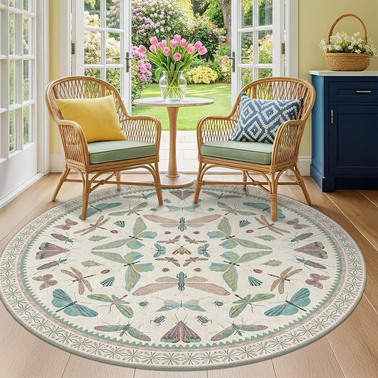 Hazo Haus Green and Blue Insect 6ft Round Soft Rugs for Nursery, Bedroom Beside Bed - Non Skid Rug Low Pile Washable Living Room Rugs, Forest Butterfly Design Stain Resistant Home Décor