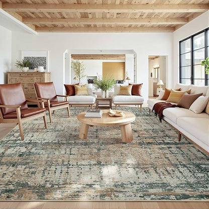 Rugxara 10x14 Extra Large Washable Area Rug, Soft Abstract Vintage Rug for Living Room, Bedroom, Office, Farmhouse, Low Pile Imitation Wool Non Slip Carpet Ideal for High-Traffic Areas, Moss