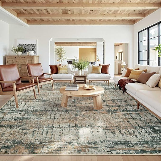 Rugxara 10x14 Extra Large Washable Area Rug, Soft Abstract Vintage Rug for Living Room, Bedroom, Office, Farmhouse, Low Pile Imitation Wool Non Slip Carpet Ideal for High-Traffic Areas, Moss
