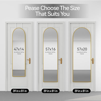SCWF-GZ 57x16 Door Hanging Full Length Mirror, Floor Stand (Height 5.7ft just Body in1.3ft) / Wall Mounted Metal Frame Arch Dressing Mirrors for Bedroom Living Room 57 inch Gold