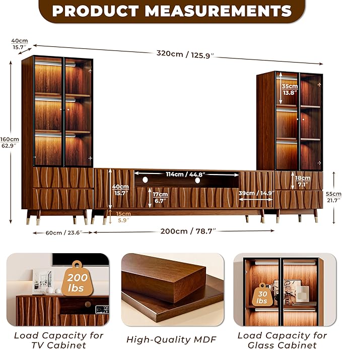 125" Walnut Finish Entertainment Center for 55/65/75 inch TV, Included 78.7'' TV Stand and 2 Glass Display Cabinet, 3-Piece Brown Mid Century Modern Wood Media Console for Living Room