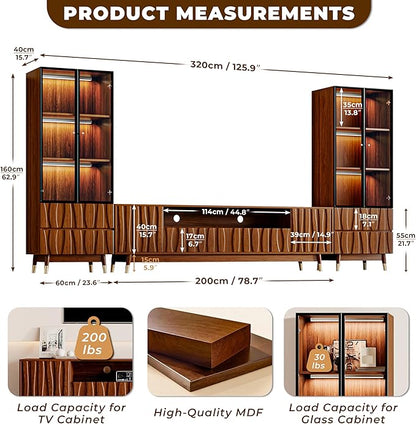 125" Walnut Finish Entertainment Center for 55/65/75 inch TV, Included 78.7'' TV Stand and 2 Glass Display Cabinet, 3-Piece Brown Mid Century Modern Wood Media Console for Living Room