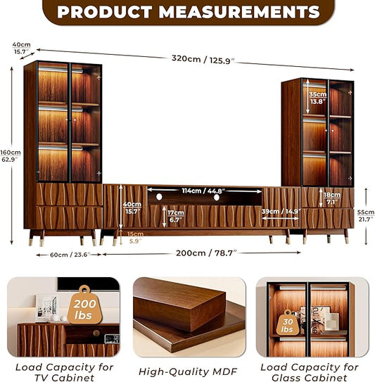 125" Walnut Finish Entertainment Center for 55/65/75 inch TV, Included 78.7'' TV Stand and 2 Glass Display Cabinet, 3-Piece Brown Mid Century Modern Wood Media Console for Living Room