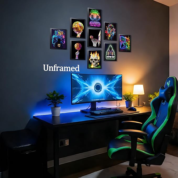 Neon Gamer and Basketball Wall Art Set of 9, Cool Gaming Headset Skull Controller Sports Canvas Prints, Colorful Graffiti Style Posters for Boys Teen Bedroom Game Room Wall Decor 8x10 Inch Unframed