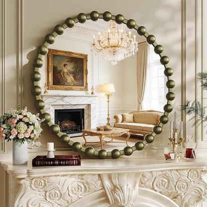 Round Mirror for Wall, 28 Inch Bronze Round Vanity Mirror with Beaded Frame, Modern Decorative Wall Mirror for Bathroom, Entryway, Bedroom, Living Room, Shatter-Proof Tempered Glass, Bronze