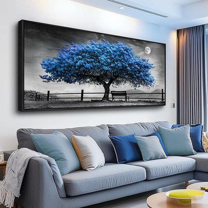 FUHAIHUA Canvas Wall Art For Living Room Large Wall Decor For Office Bedroom Decorations Black And White Landscape Pictures Blue Tree Painting Artwork Room Wall Mural Aesthetic Home Decor 32x72 In