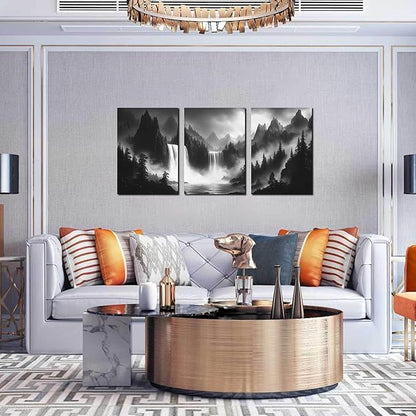 Waterfall Pictures Wall Art for Office - Black and White Canvas Wall Art for Living Room - 3 Piece Mountains Wall Art for Bedroom 16" x 24"