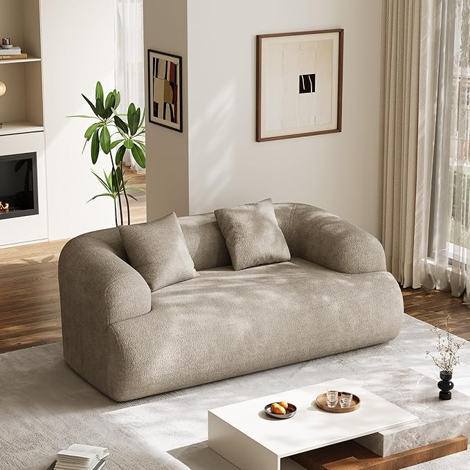 75" Boneless Cloud Loveseat, Modern Cute Curved Chenille Sofa, 2 Seater Compression Couch with 2 Pillows, No Assembly Required for Apartment Living Room, Light Brown