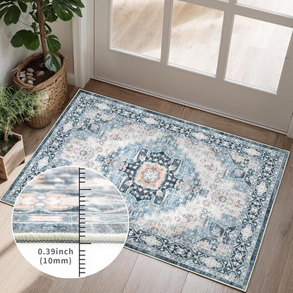 Washable 2×3 Area Rug for Entryway Indoor, Vintage Floral Small Area Rug Soft Non Slip Stain Resistant Boho Carpet for Front Door Dinning Room Kitchen Bedroom Blue/Ivory