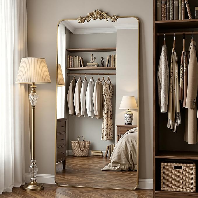 Antok Arched Full Length Mirror, 81"x41" Floor Mirror with Carved, Full Body Mirrors for HomeDecor, Standing/Halling Large Wall Mirror for Bedroom, Living Room, Cloakroom, Bronze, Ornate Style