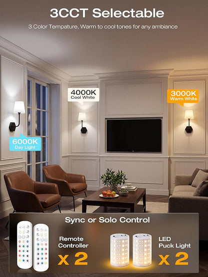 CLOUDY BAY 10000mAh Battery Operated Wall Sconces,Up to 100 Hours with Rechargeable RGB Dimmable Magnetic Bulb,Cordless Wall Lighting Fixtures with Remote for Bedroom,Black,2 Pack-17.9in