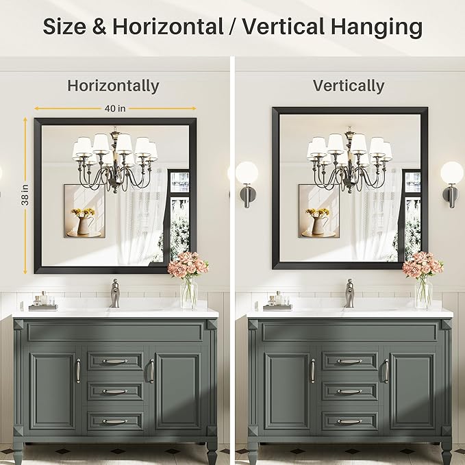 Briivue 40x38 Inch Black Bathroom Mirror for Wall, Thick Metal Framed Rectangle Mirrors for Over Sink, Bedroom, Living Room, Entryway, Anti-Rust, HD Tempered Glass
