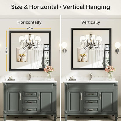 Briivue 40x38 Inch Black Bathroom Mirror for Wall, Thick Metal Framed Rectangle Mirrors for Over Sink, Bedroom, Living Room, Entryway, Anti-Rust, HD Tempered Glass