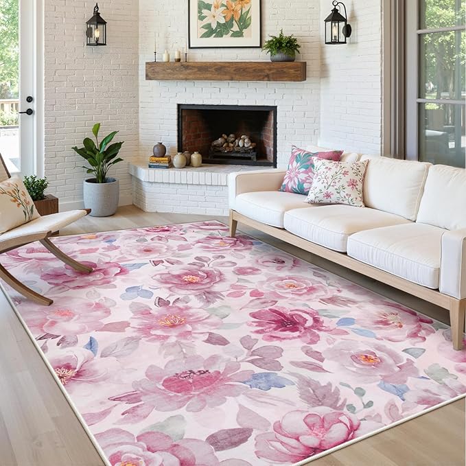 Lahome Floral Living Room Rug 5x7 Rug Machine Washable,Pink Rugs for Bedroom Girl Boho Area Rug Non Slip Vintage Low Pile Large Throw Carpet Rug for ‎Dining Room Office（5x7,Pink