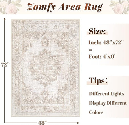 Area Rug 4x6 Vintage Rug: Washable Indoor Medallion Rugs Low Pile Distressed Floor Carpet Retro Accent Rug for Living Room Bedroom Kitchen Dining Table Home Office(Beige, 4'x6')