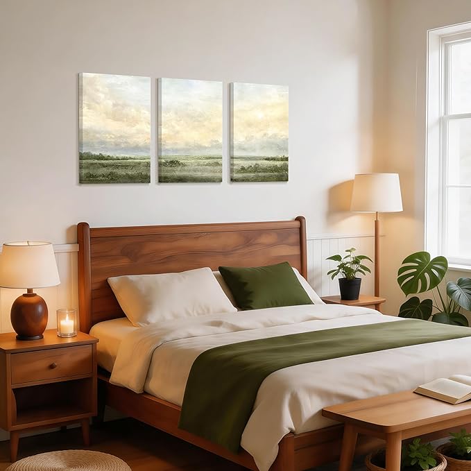 WENGTIAO Sage Green Wall Art Prints Set of 3 Abstract Landscape Canvas Paintings Nature Rustic Scenery Pictures Photos Minimalist Artwork Home Decor for Living Room Bedroom Office 16”x24”x3
