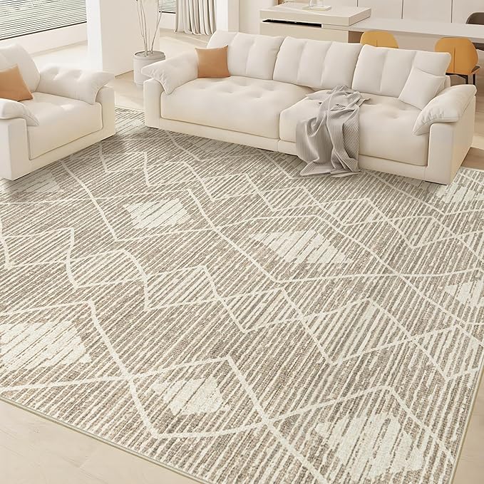Area Rug for Living Room 6x9: Large Washable Boho Moroccan Rugs Geometric Neutral Rug, Non-Slip Foldable Morden Farmhouse Indoor Floor Carpet for Bedroom Dining Table Home(Cream Beige, 6'X9')