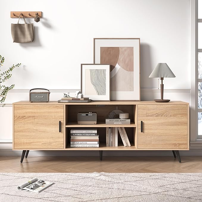 Mid Century Modern TV Stand - 70" for 75" TV, Wood with Storage, Entertainment Center for Living Room & Bedroom, Media Console, Oak
